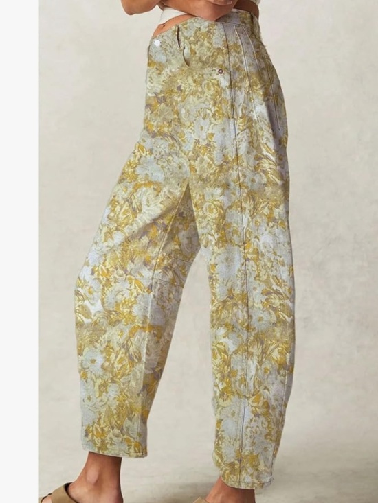Pants - Wide-Leg Cropped Floral Jeans Pants - Yellow/Light Blue